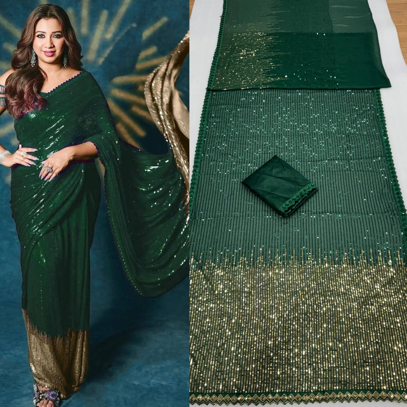 Bottle Green Bollywood Blockbuster Georgette Saree with Dual Sequin Embroidery